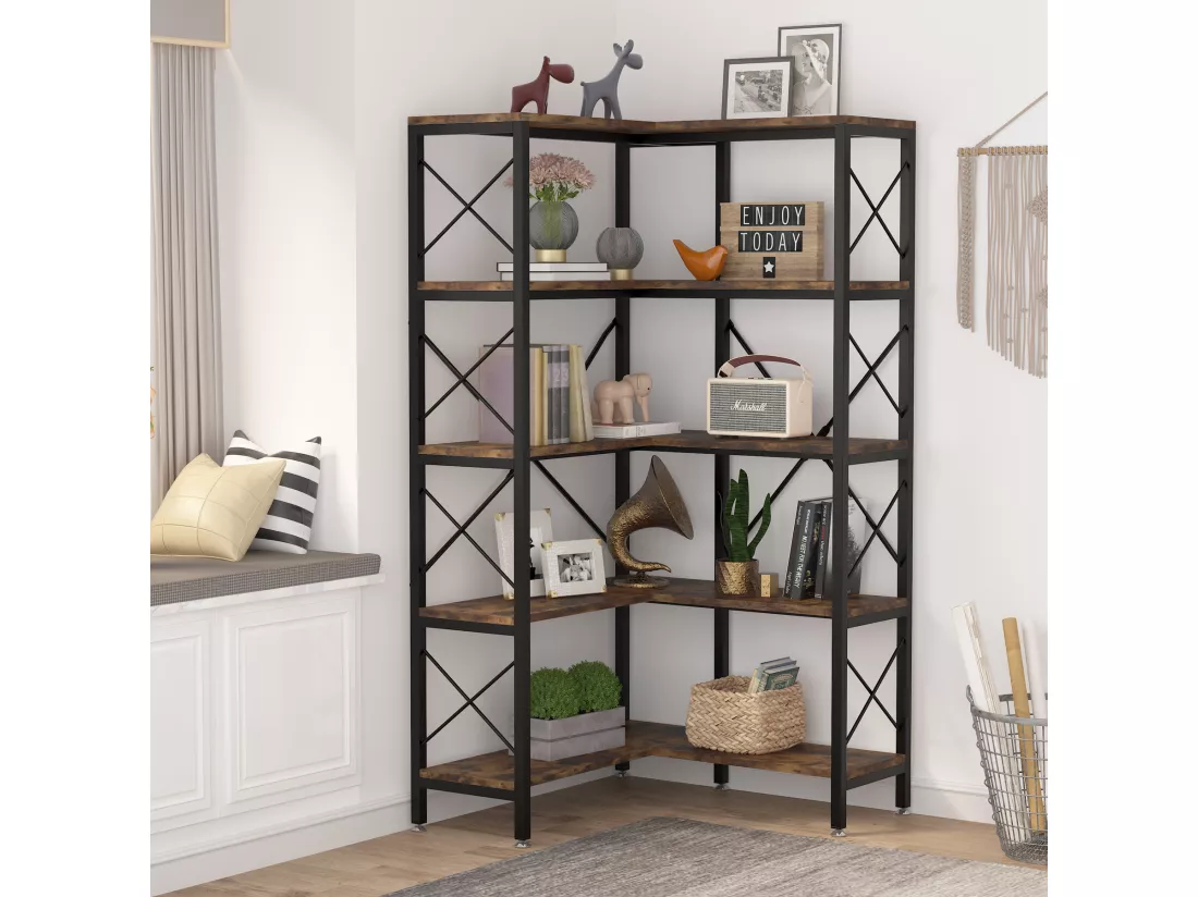 Tribesigns Bibliothèque d'angle, Grande étagère d'angle Industrielle, étagère d'angle sur Pied avec Cadre en métal pour Salon, Maison, Bureau, Marron Rustique (5 étagères-Noir)