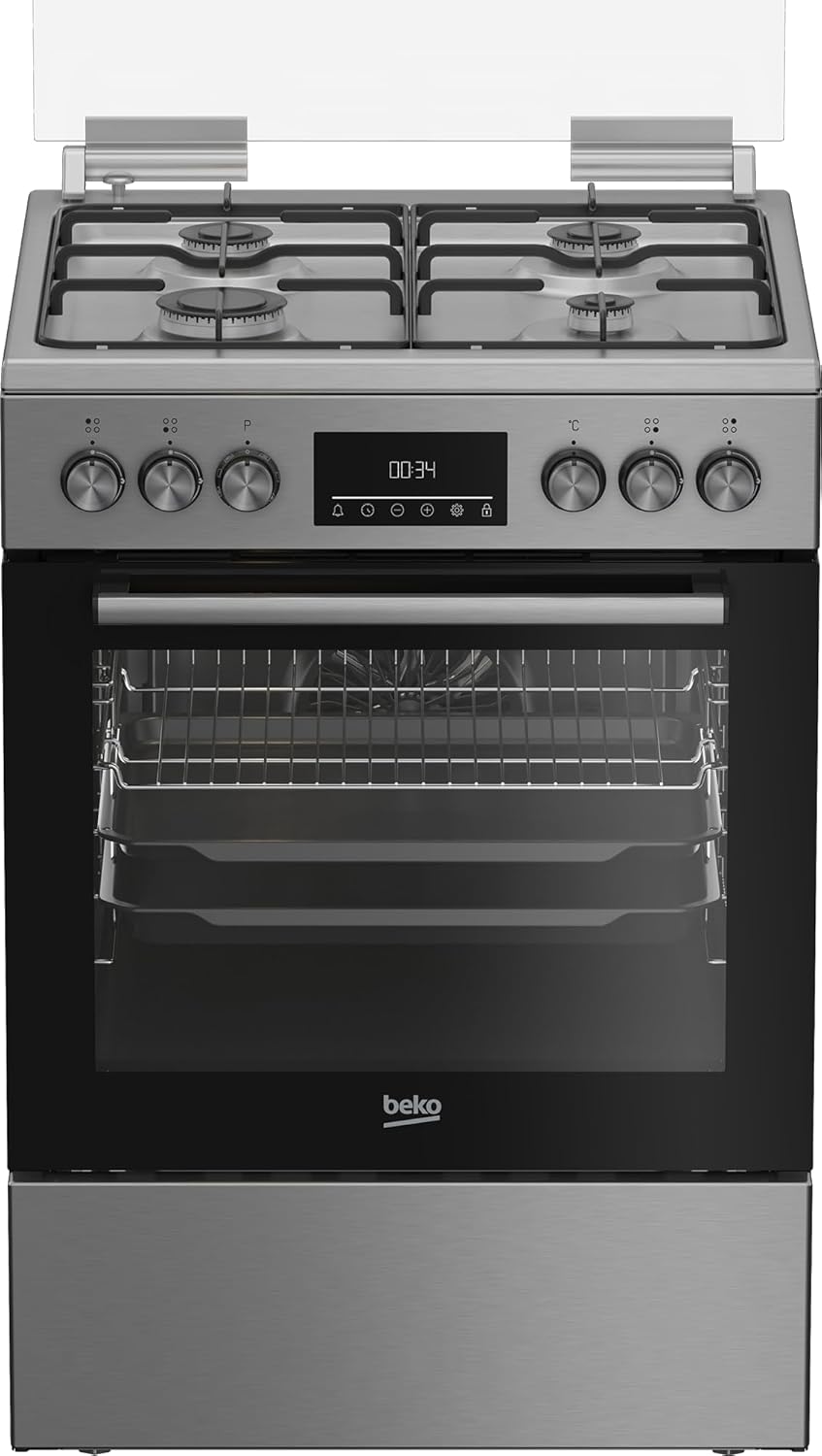 Beko FBM62320XDSL Freistehender Herd, Multifunktionsofen mit Gaskochfeld, 72 l Garraum-Volumen, 4 Kochzonen, 8 Heizarten, Seitengitter, Multifunktionsdisplay, Edelstahl