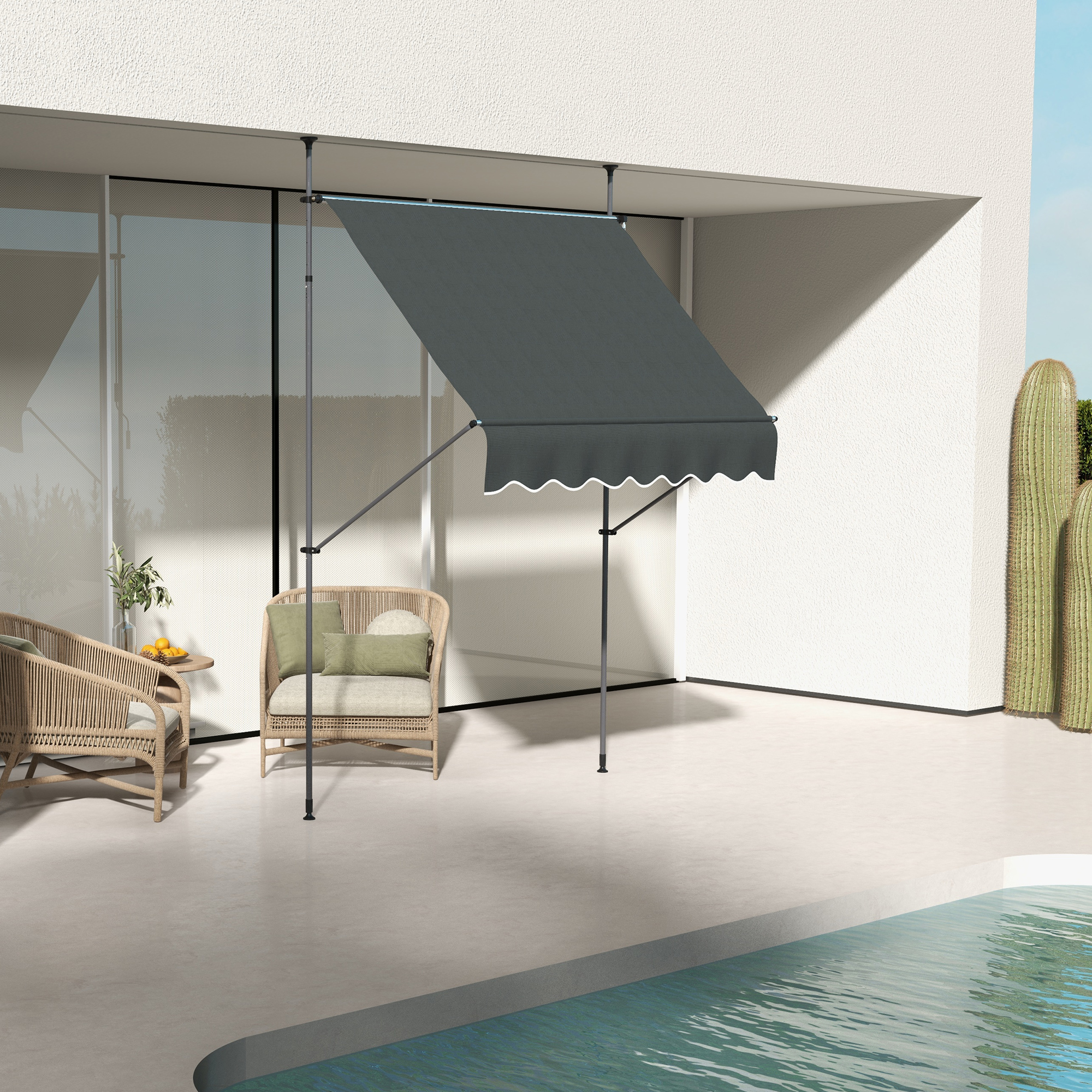 Toldo retrátil manual Outsunny 300x120x210-300 cm para varanda, com manivela, altura ajustável, impermeável e resistente aos raios UV, ideal para jardim, terraço e janelas, na cor cinza escuro.