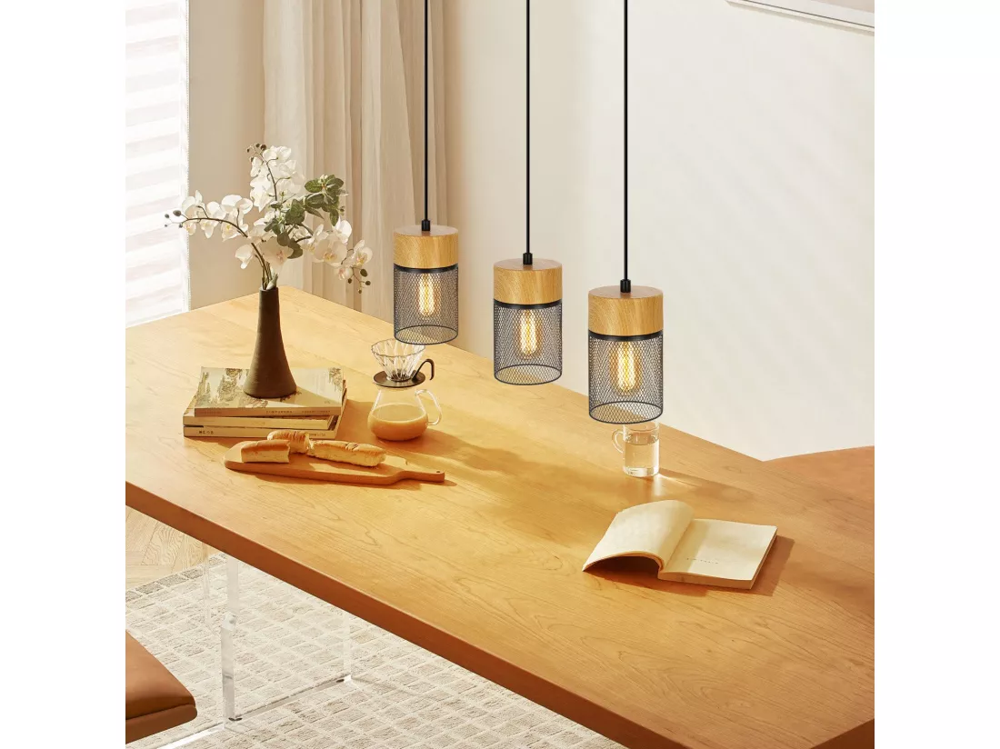 NETTLIFE Lampe à suspendre Vintage Bois veiné Table à manger Noir Industriel E27 25W Suspension