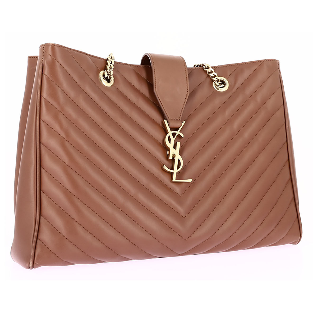 Saint Laurent Sac cabas Shopping en Cuir lisse chevron marron - Très bon état - L.36 cm