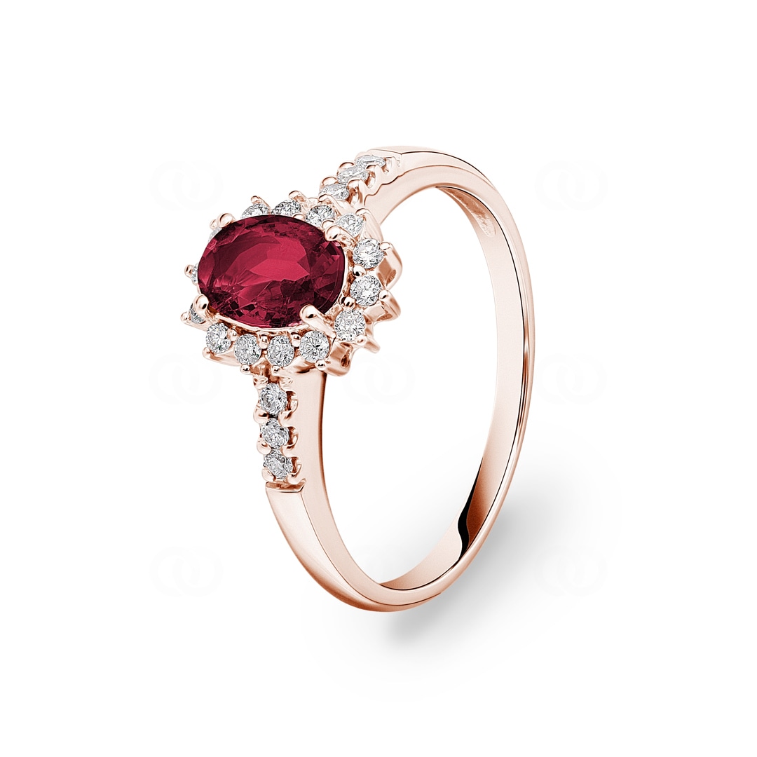 Entourage Ring 750/18 K Roségold mit Rubin & Diamanten 0.19 ct H/si