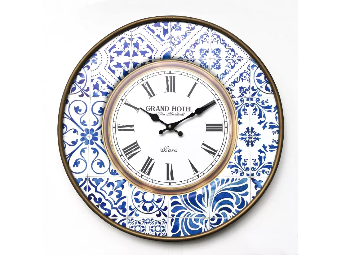 Horloge Décorative Metal Blanc Bleu Analogique 50x50x4,5