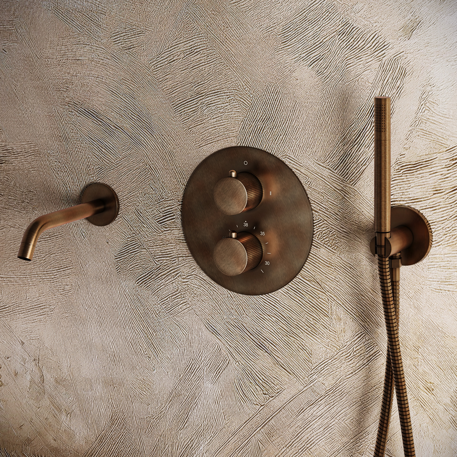 Saniclear Antique Stripes rond inbouw thermostaat met inbouwdeel verouderd messing