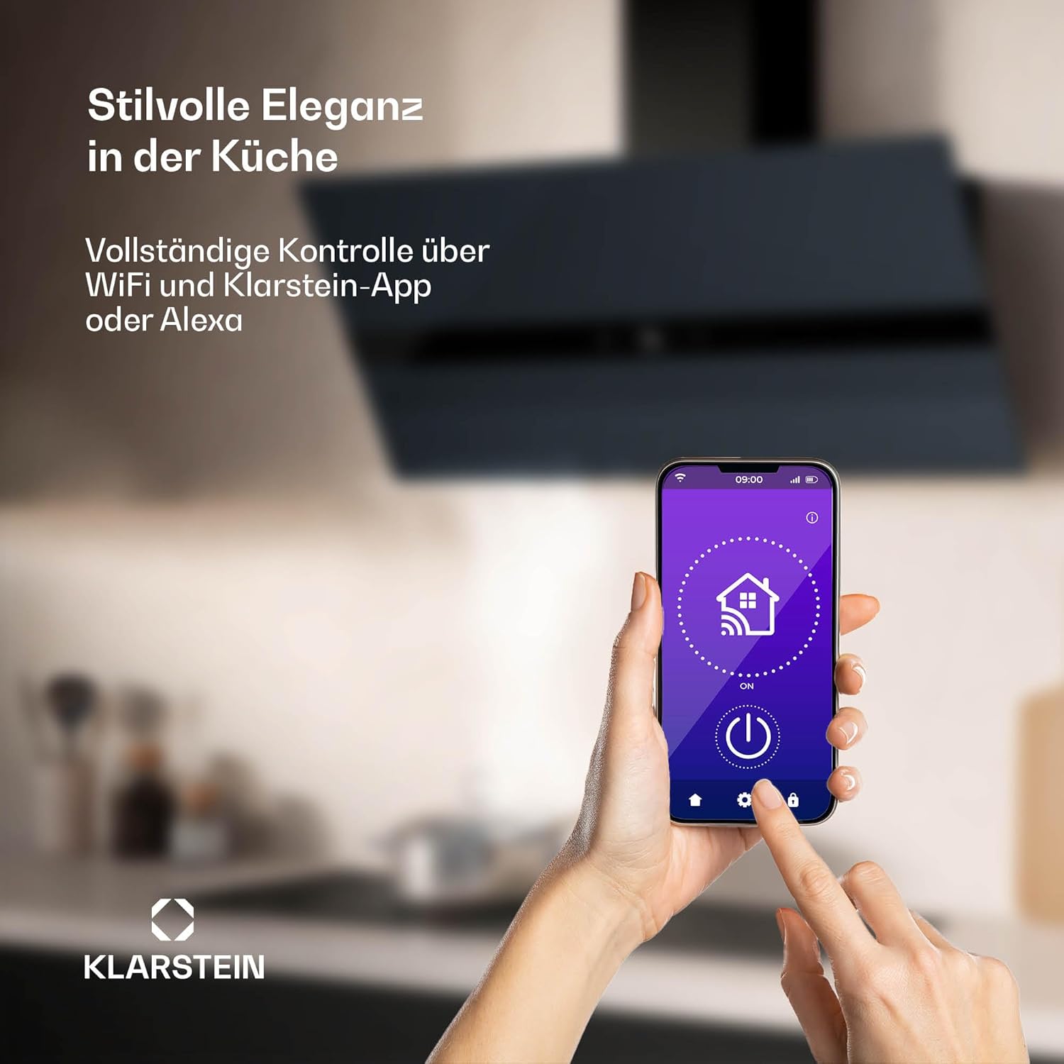 Klarstein WiFusion Dunstabzugshaube - 90 cm Abzugshaube, WLAN-Steuerung, 690 m³/h Luftstrom, A++ Energieeffizienz, LED Beleuchtung, Touch-Bedienfeld, Schwarz, Abluft & Kohlefilter