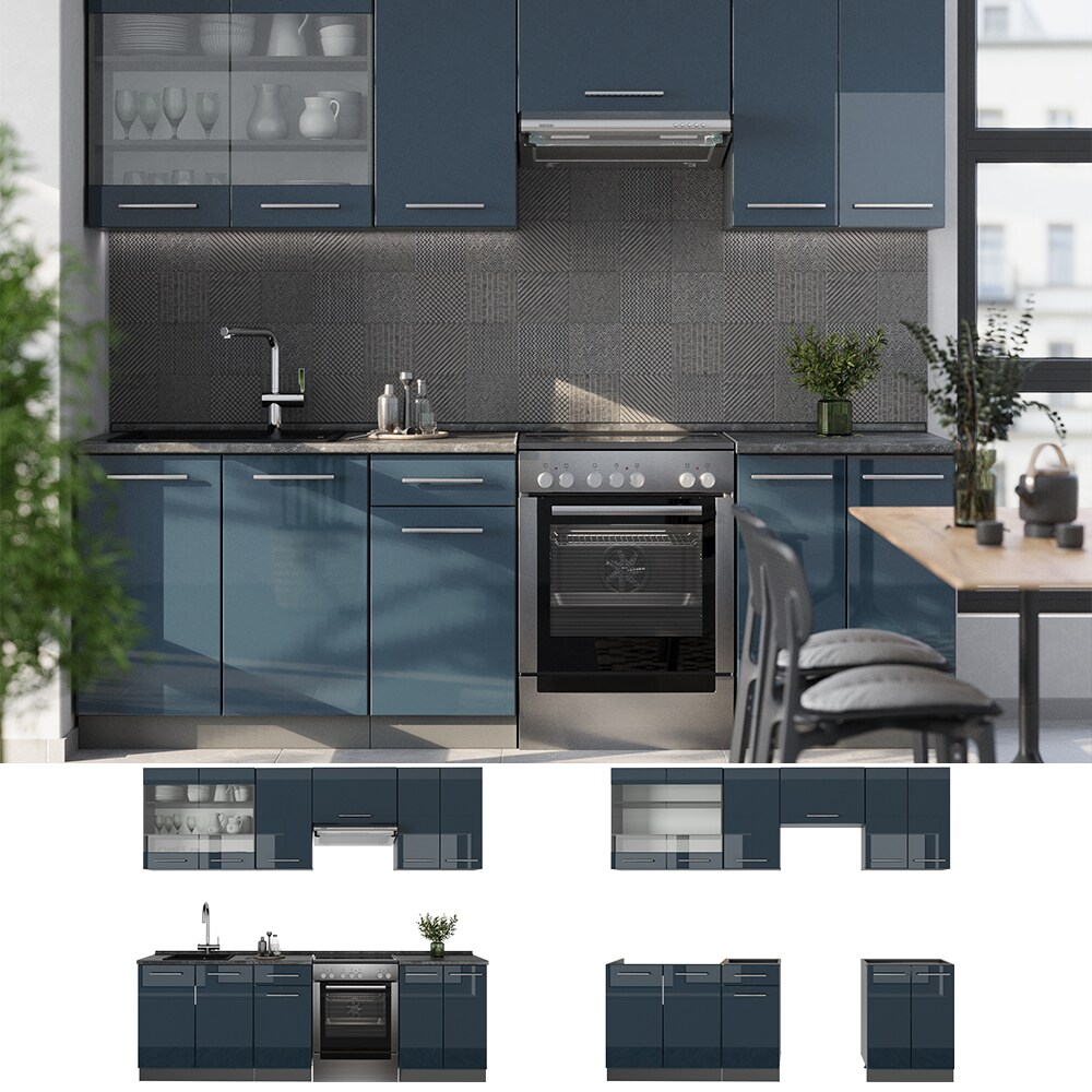 Vicco Küchenzeile Fame-Line Anthrazit Dunkelblau Hochglanz 240 cm ohne Arbeitsplatte