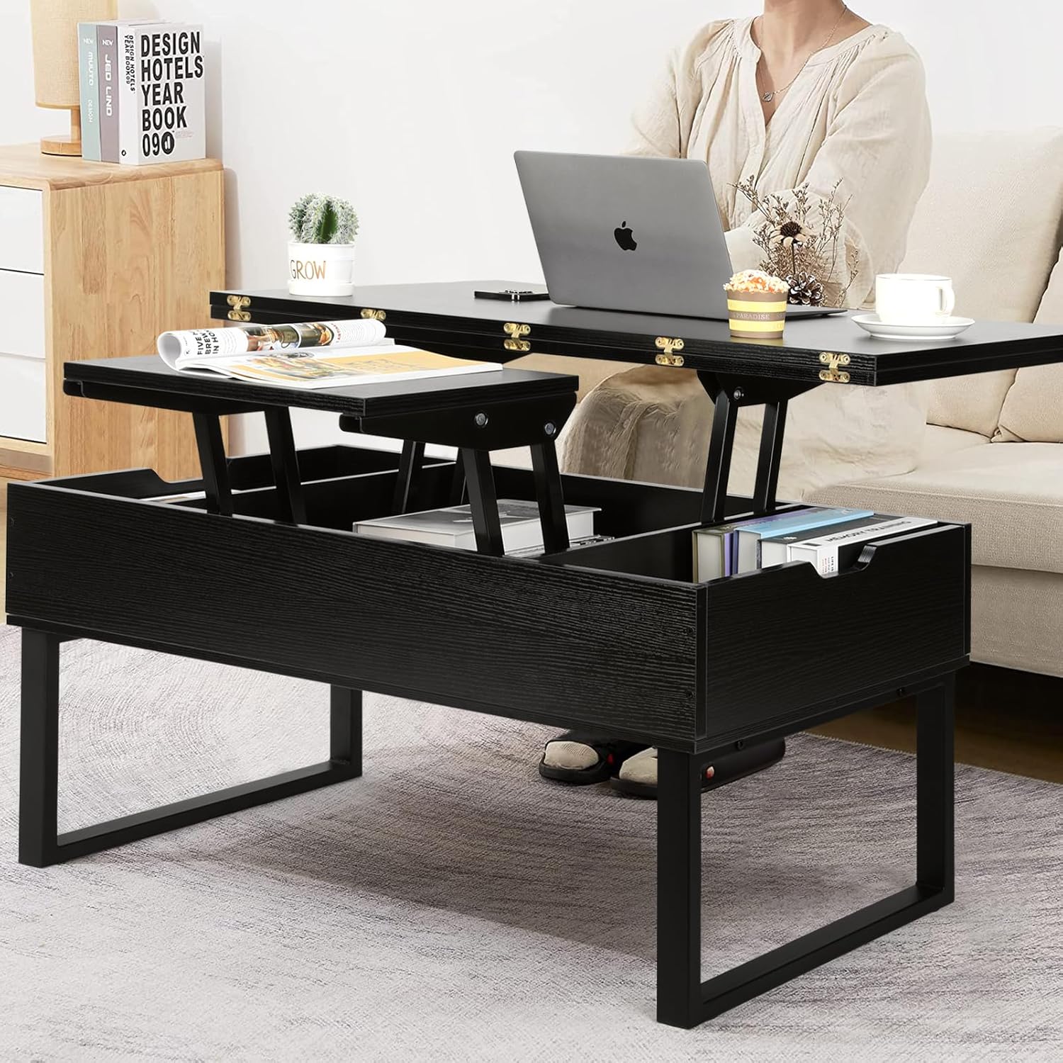 VOWNER Couchtisch Höhenverstellbar, 3-in-1-Multifunktions-Wohnzimmertisch mit Versteckter Aufbewahrung, Couchtisch Umwandelbar in Wohnzimmer-Esstisch, Schwarz mit Holzmaserung