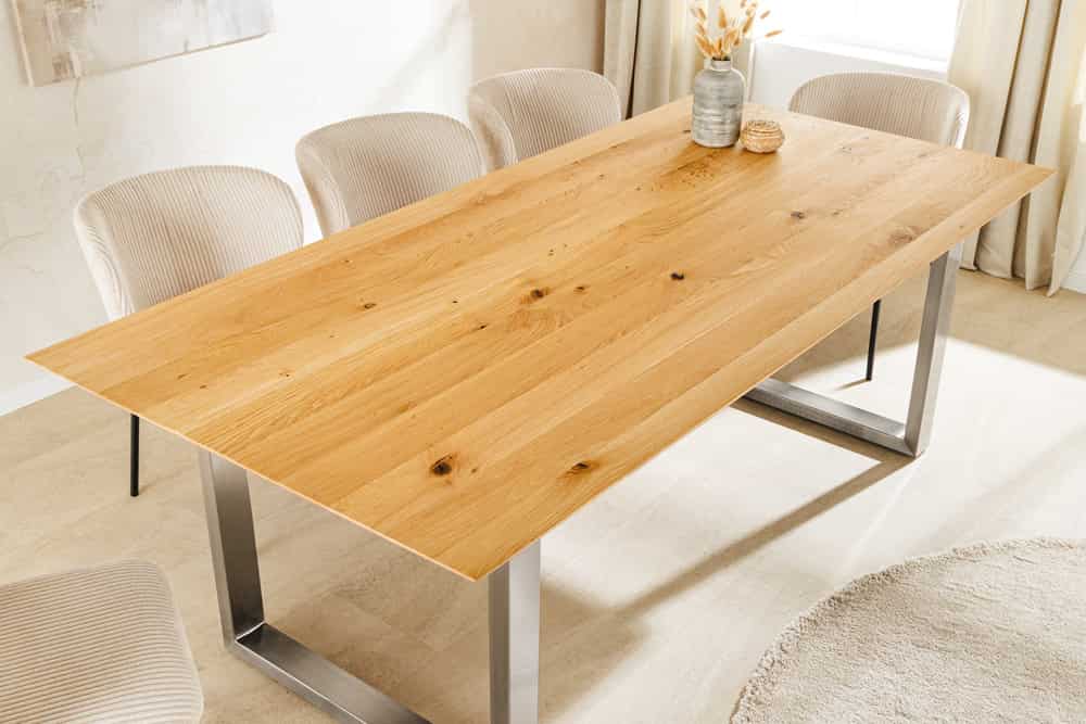Massivholz Esstisch WILD OAK 200cm natur Wildeiche Schweizer Kante Edelstahl U-Gestell