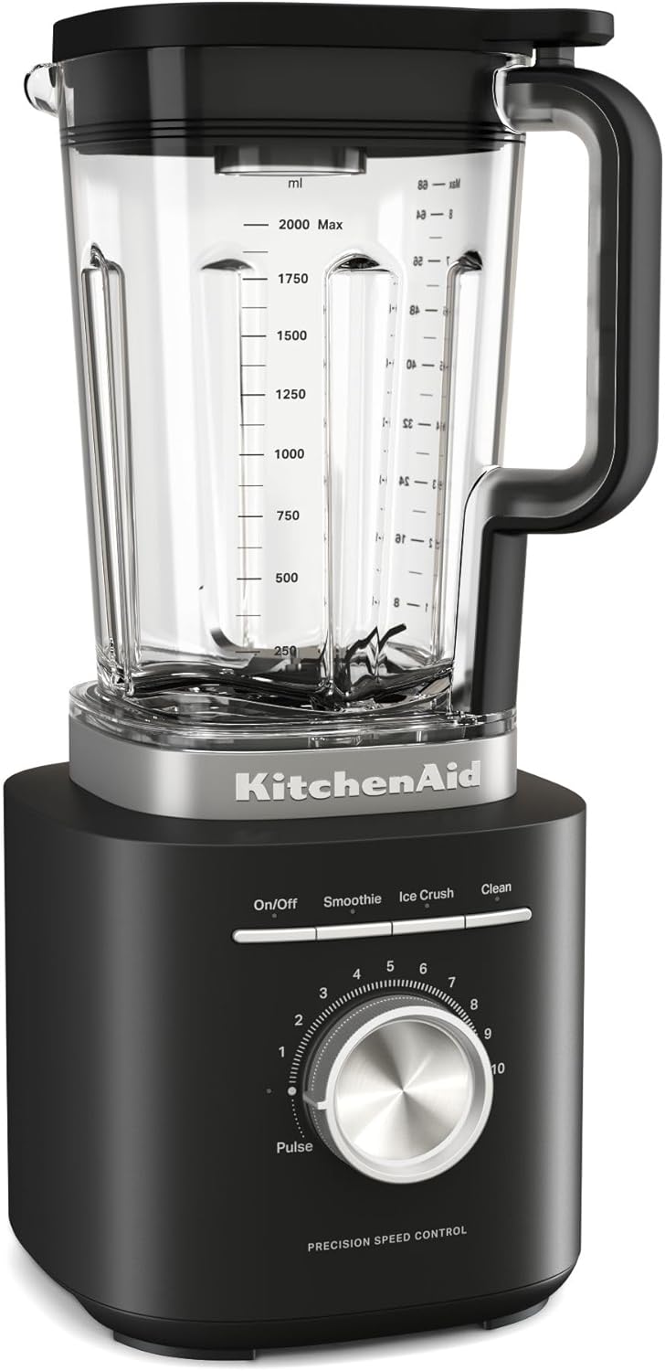 KitchenAid 5KSB2073EBM Pure Power Blender Standmixer, 1,5 PS Motor, Asymmetrische Klingen, Eis-Crushen, für Suppen & Smoothies, 10 Stufen, 2L BPA-freier Behälter, Matt-Schwarz