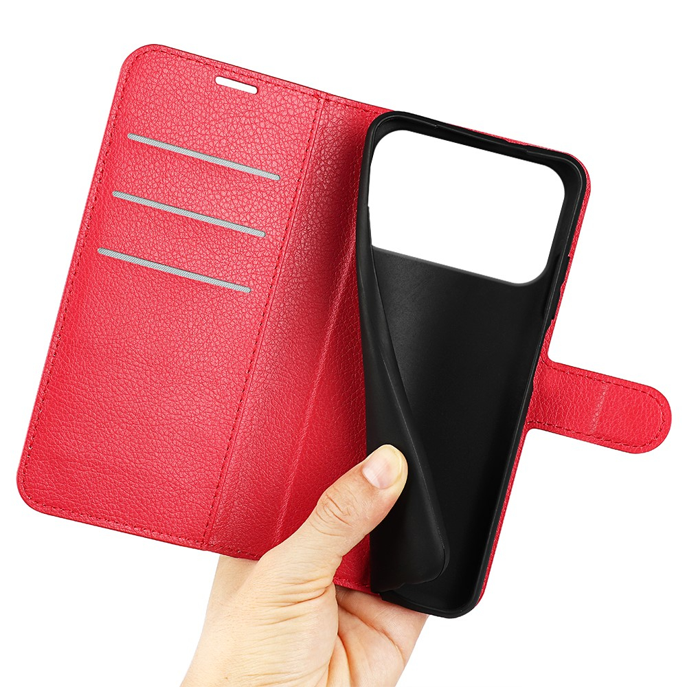 iPhone 17 Pro Max Leder Tasche Flip Cover Litchi Look - Rot