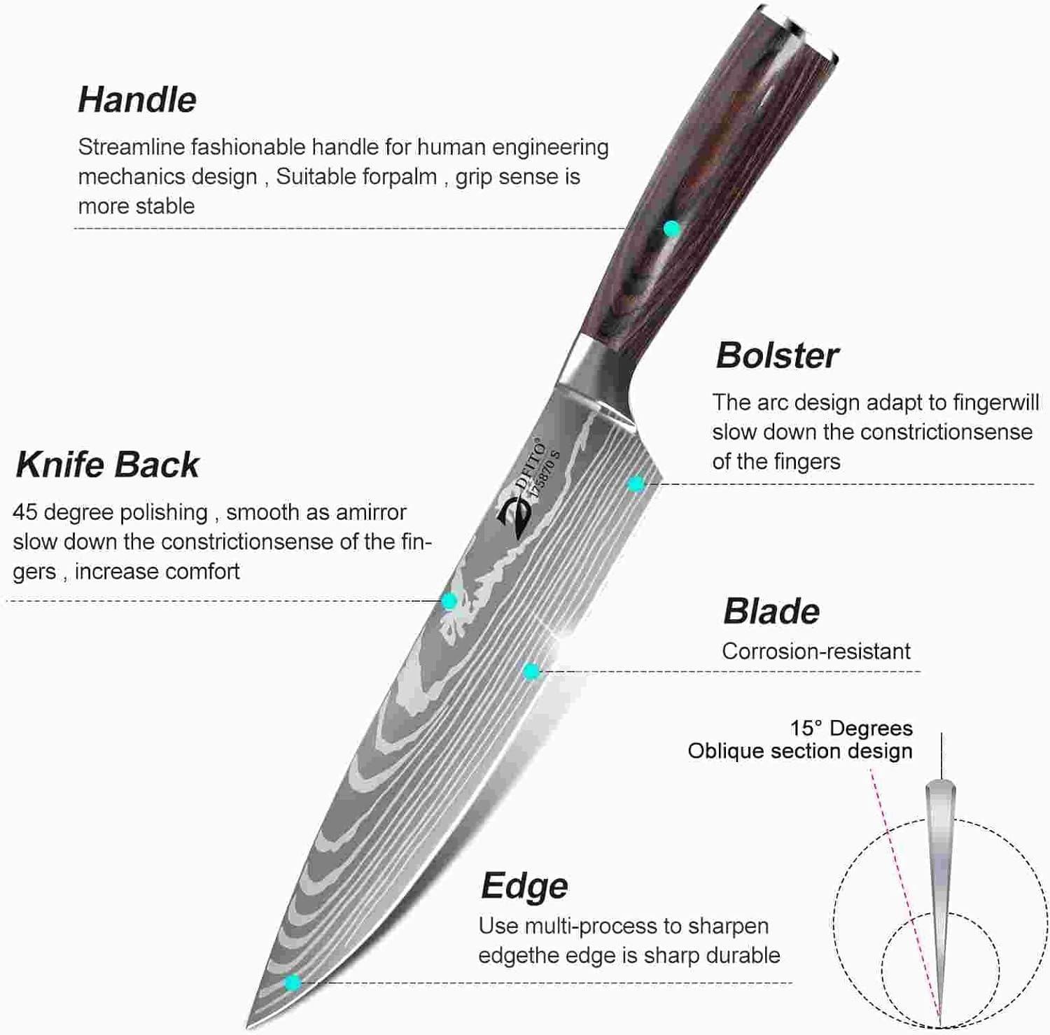 Dfito Küchenmesser Set mit Rolltasche, 8-teiliges professionelles Messerset, High Carbon Edelstahl Küchenchef Messerset, Extrem Scharf Profi Kochmesser Set