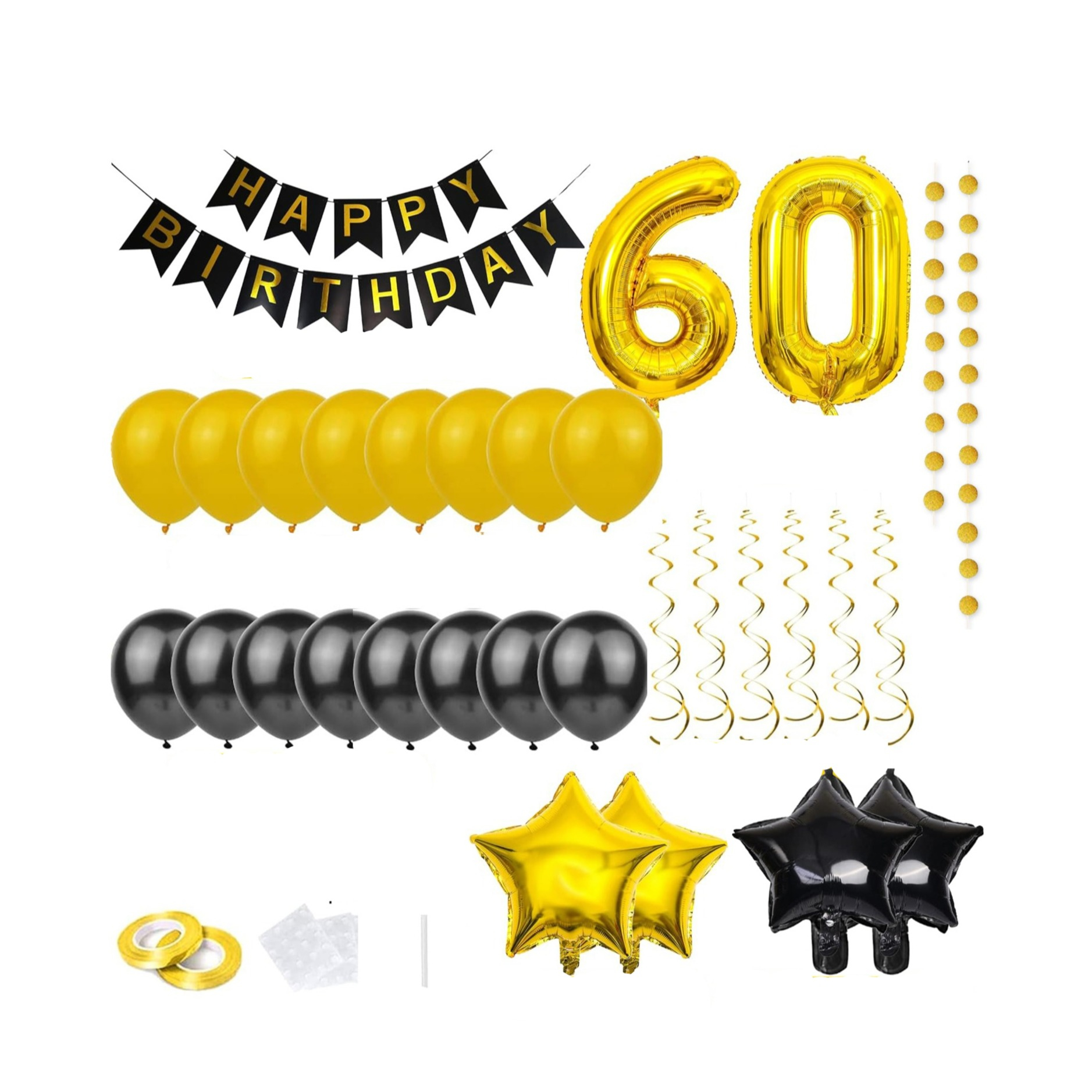 (85-tlg. Set) Happy Birthday Girlande 60. Geburtstag Party Deko   Latex- und Folienballons / Spiralengirlande - Gold / Schwarz