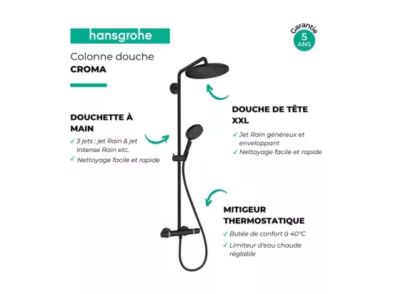 Colonne de douche thermostatique HANSGROHE Croma Select S 280 noir mat