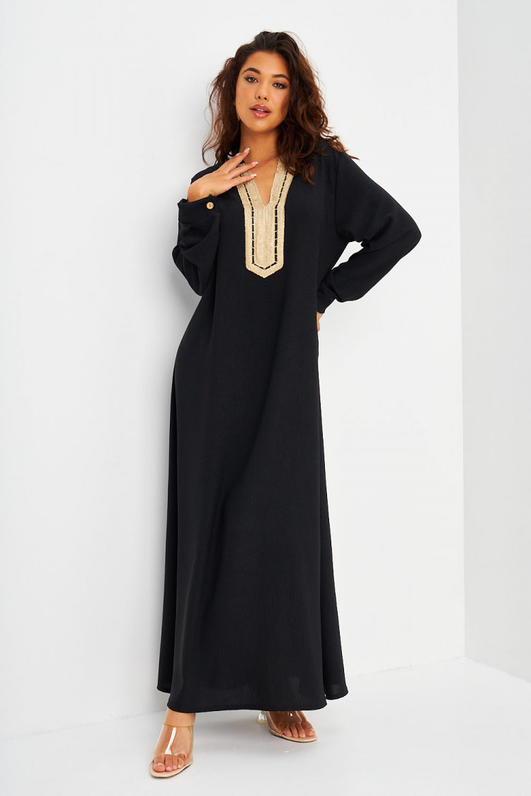 ABAYA noire décolleté V broderie dorée