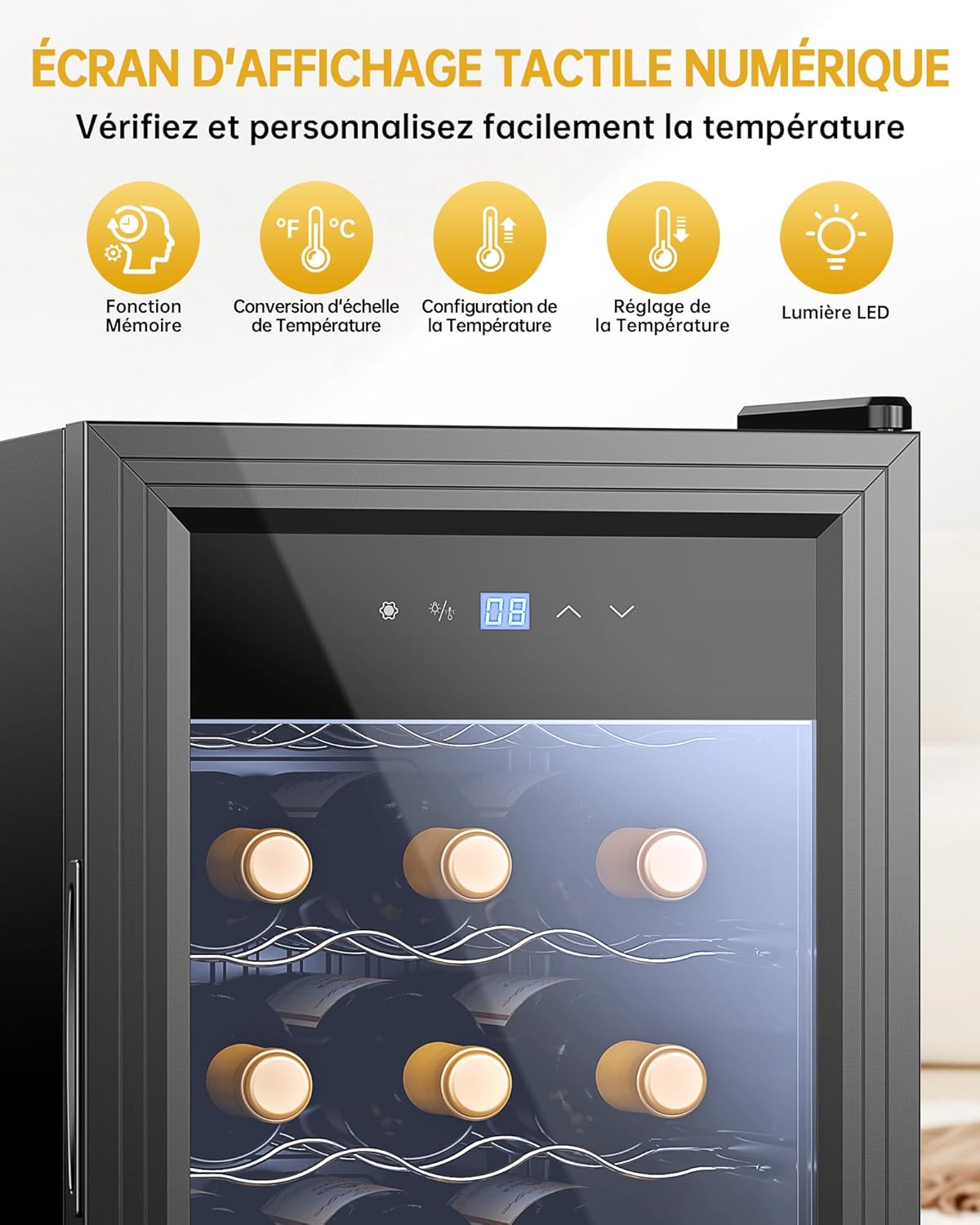 WIE Cave à Vin Réfrigérée 18 Bouteilles 53 Litres Réfrigérateur à Vin et Boisson Témpérature 5°C – 18°C Panneau Tactile