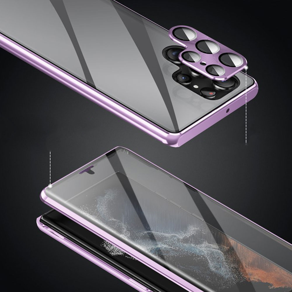 Samsung Galaxy S24 Ultra Magnetische Alu Schutzhülle mit Panzer Glas Backcover   Display- / Kameraglasschutz (Verschlussmechanismus) - Schwarz