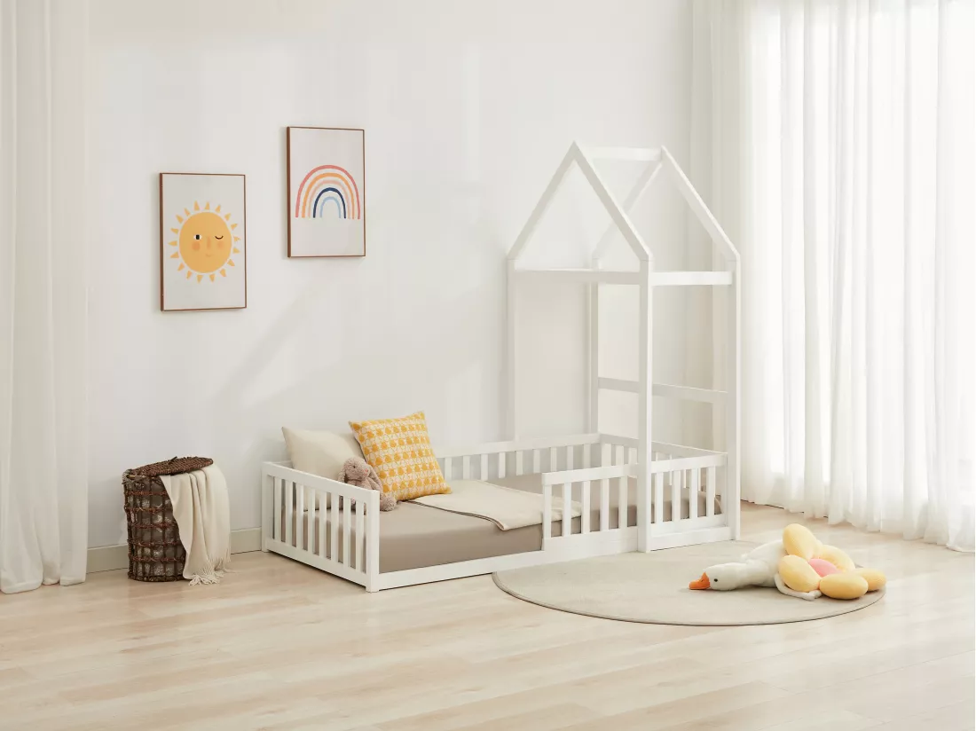 Lit cabane 90 x 190 cm - Pin et MDF - Blanc - VARLAINE