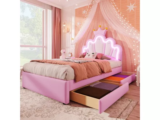 Lit de princesse Lit avec tiroir 90x200 éclairage dambiance télécommandé 2 tiroirs lit princesse en forme de couronne tête de lit réglable PU Rose