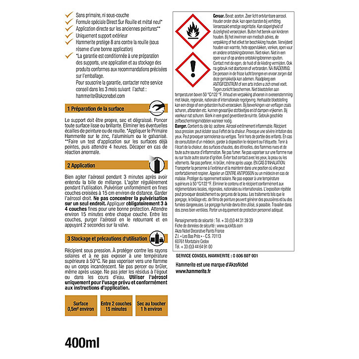 Peinture aérosol extérieure métal direct sur rouille Hammerite martelé noir 400ml