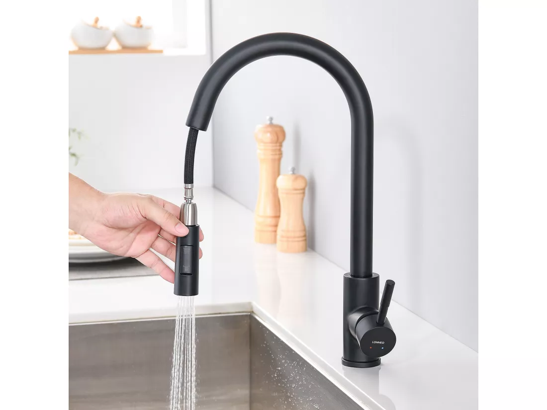 Mitigeur Cuisine avec Douchette Extractible Noir mat Rotatif à 360 °en Acier Inoxydable Robinet Cuisine d'Évier 2 Fonctions Mélangeur Cuisine