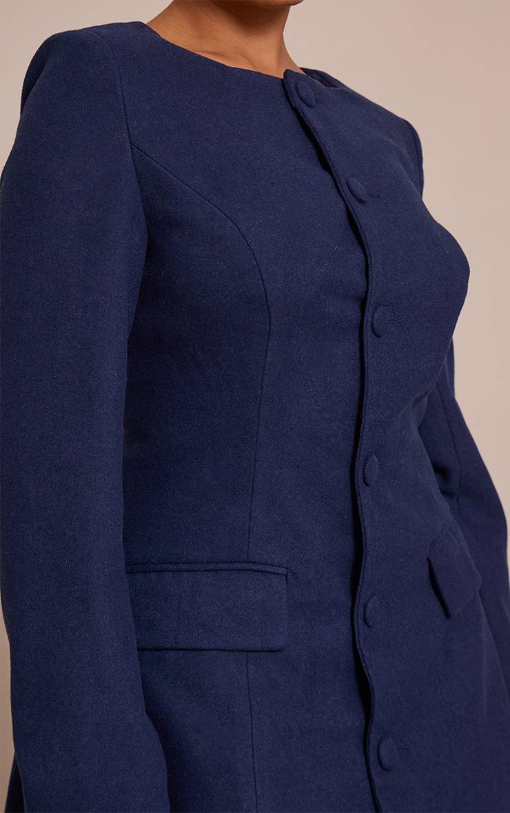 Bleu Marine Robe Blazer Cintrée Aspect Laine Boutonnée Devant