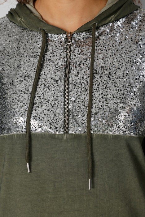 Longshirt, Pailletten, Kapuze mit Zipper, Langarm