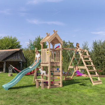Speeltoestel Jungle Gym Safari grenen geïmpregneerd met glijbaan donker groen en 2-schommel module