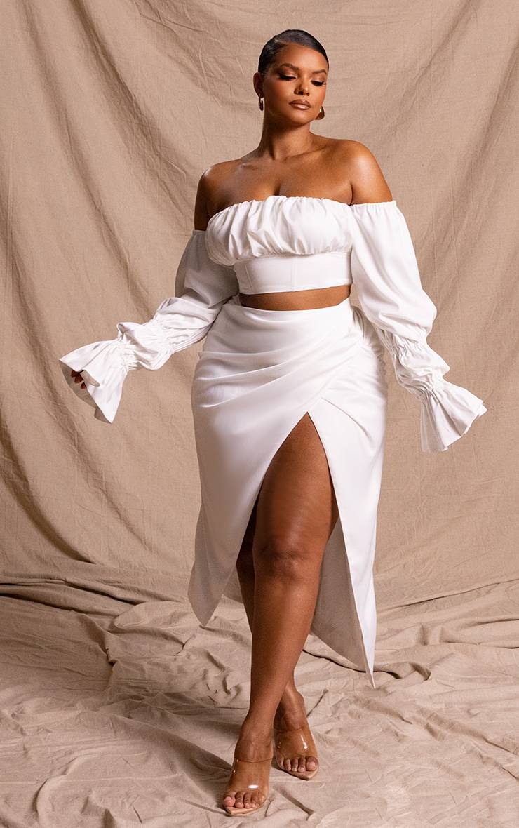 Blanc Jupe Midi Drapée En Satin De La Collection Plus