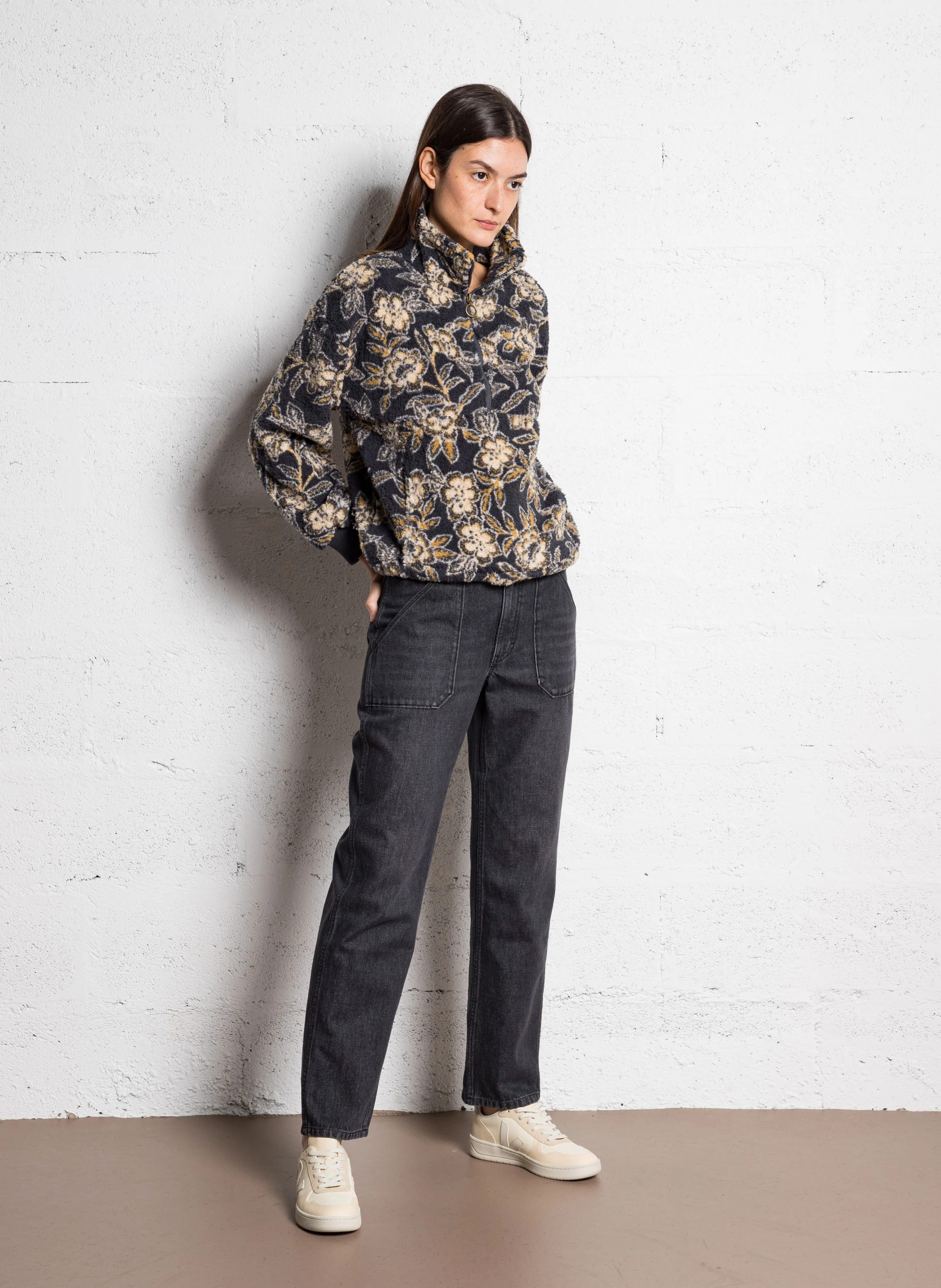 TIME OFF -Polaire demi-zip imprimée| Noir