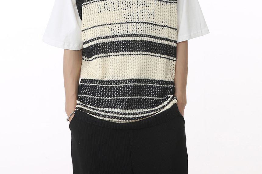 FAERIS - Ronde hals colorblock pointelle gebreide trui met vest