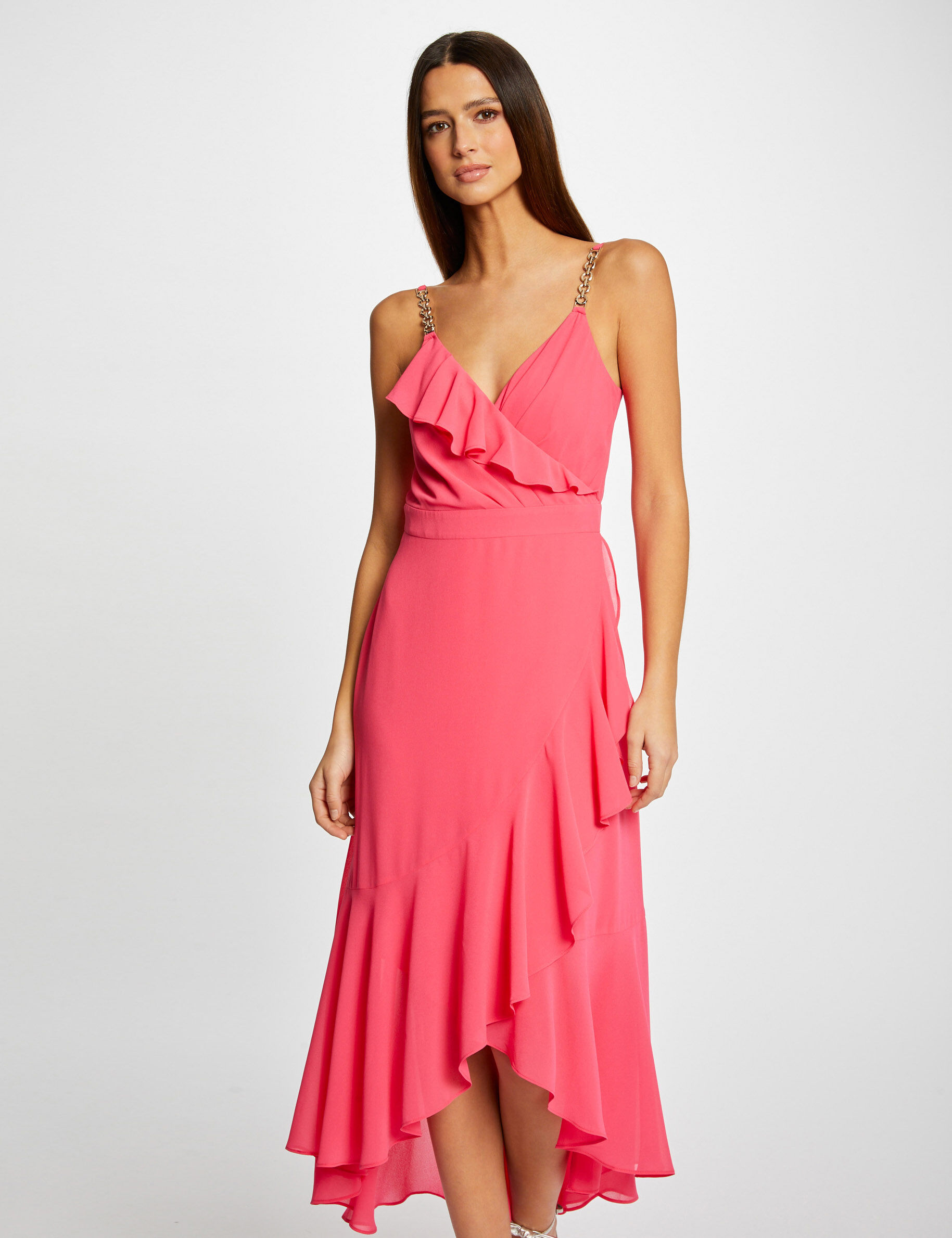 Robe longue évasée à volants rose femme - rose