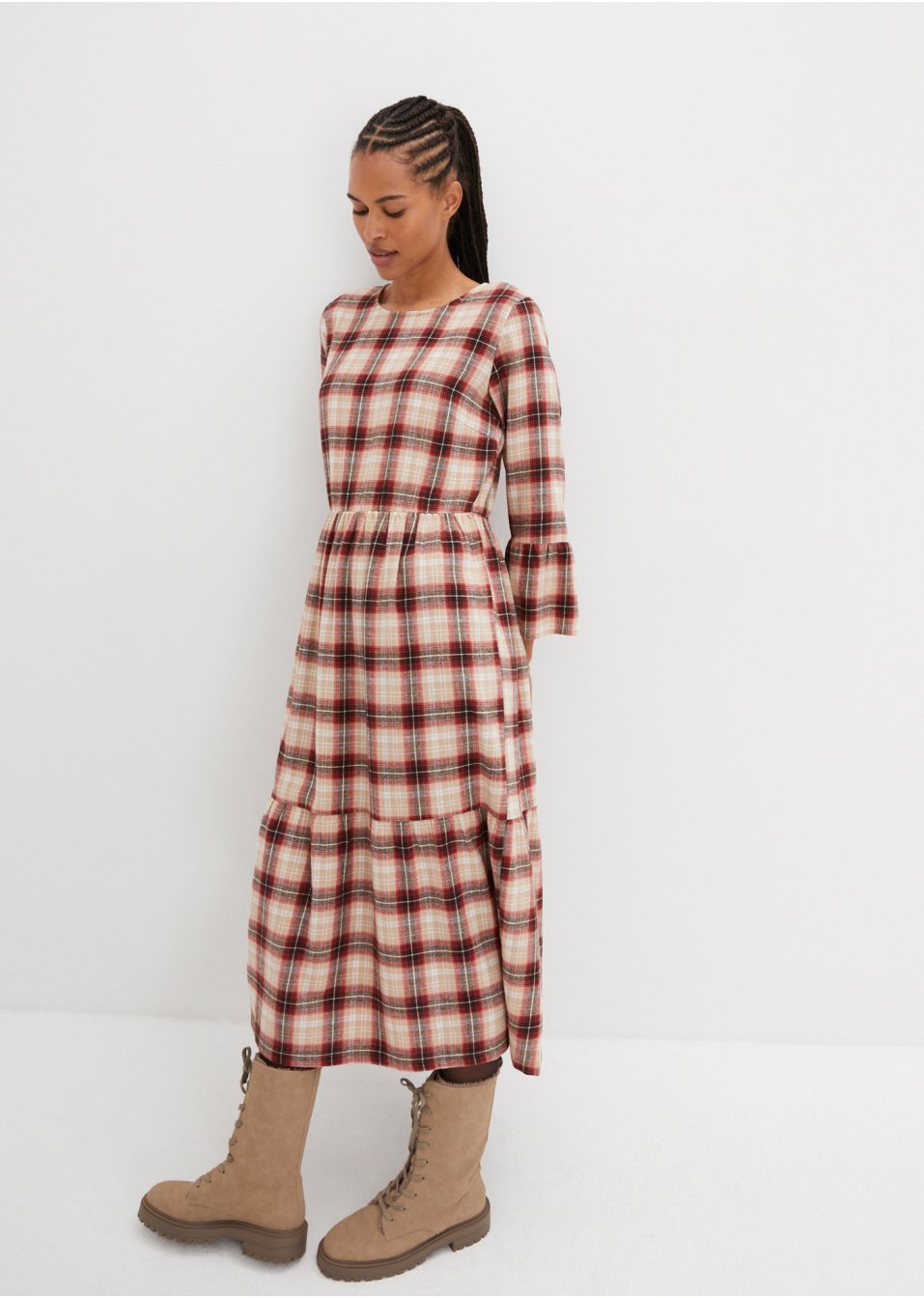 Robe midi évasée en flanelle avec volants