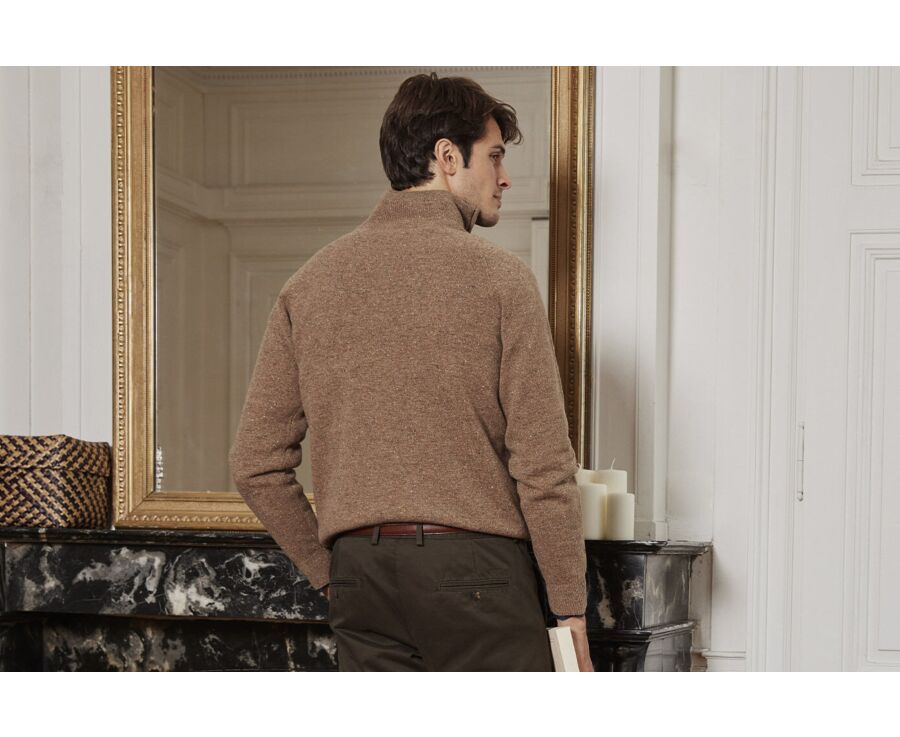 Pull homme laine col zippé Noisette Tweedé - KENNETH