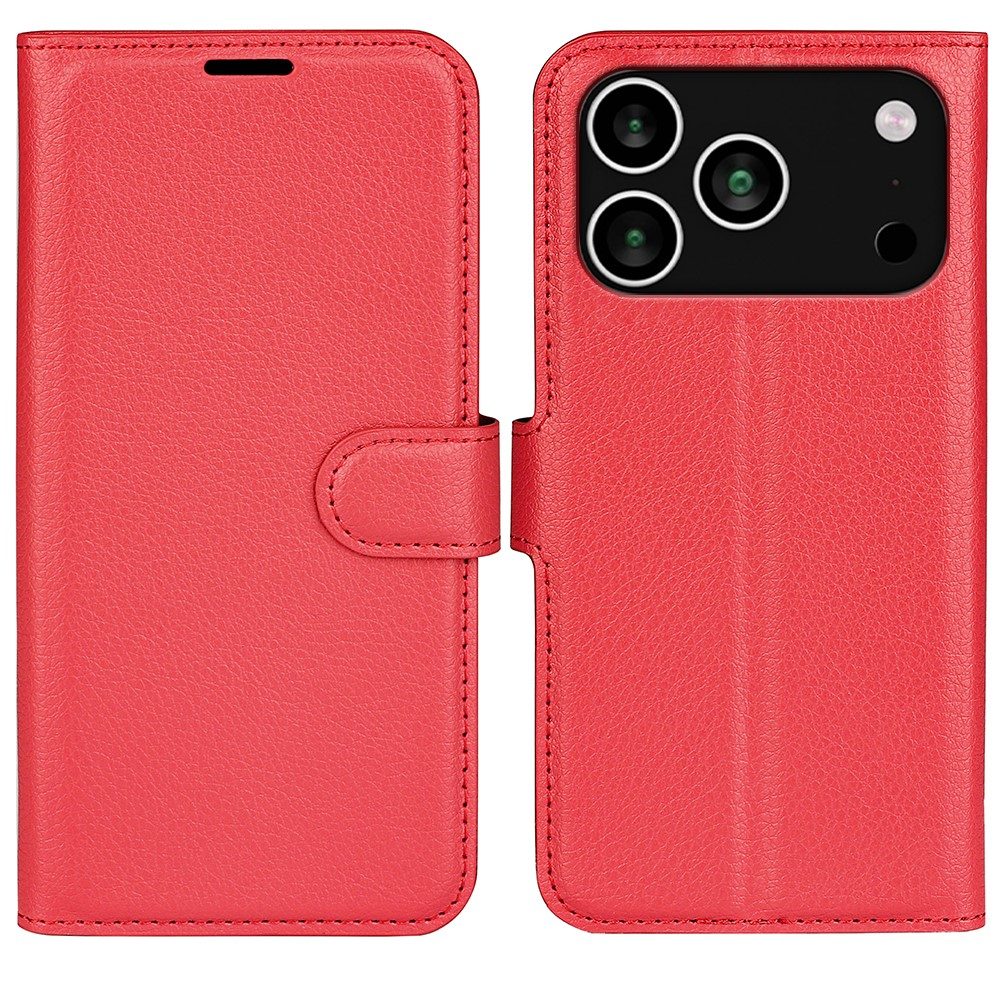 iPhone 17 Pro Max Leder Tasche Flip Cover Litchi Look - Rot