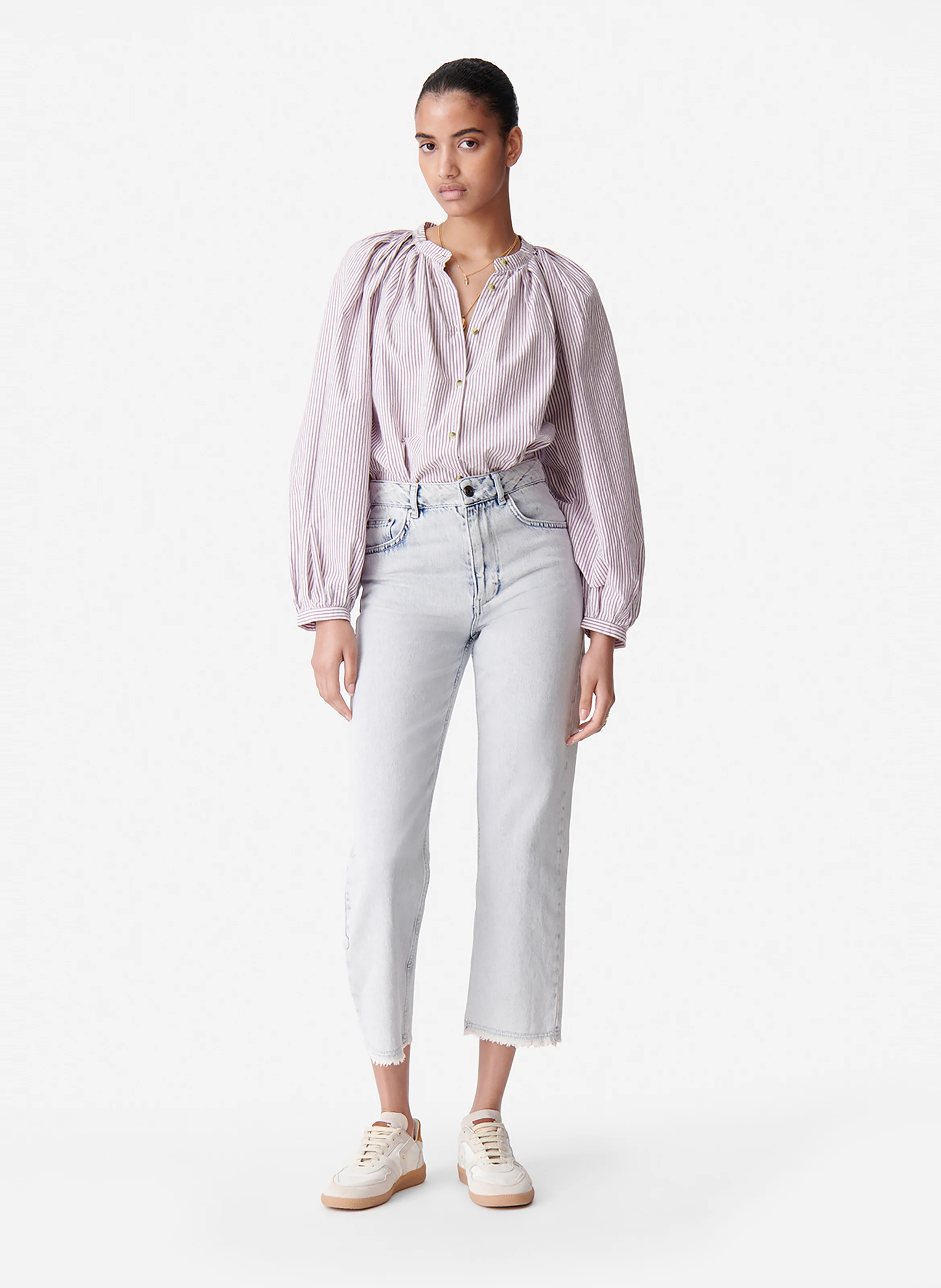 SOL - Chemise col rond ample en coton rayé | Rose
