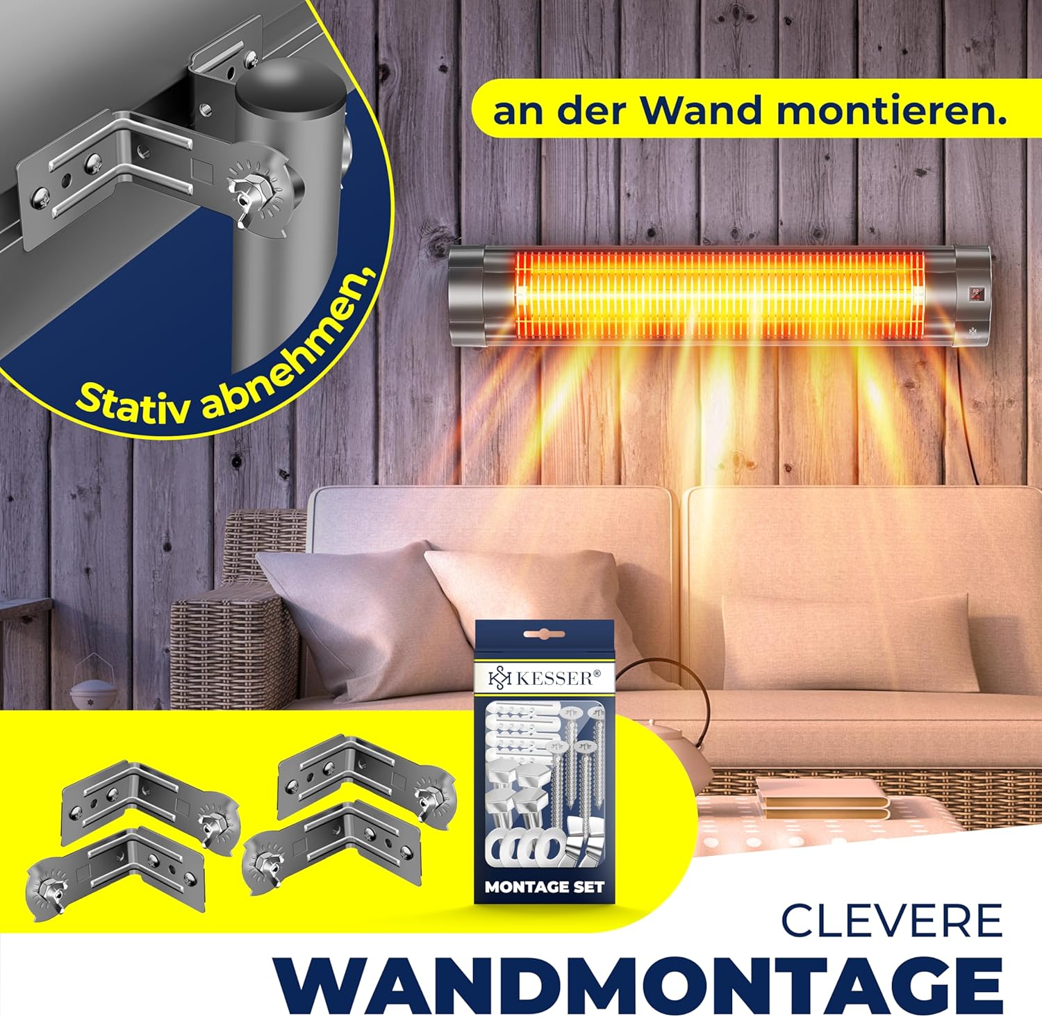 KESSER® Infrarotstrahler Heizstrahler Terrassenstrahler 2500W mit Fernbedienung inkl. Schutzhülle höhenverstellbarem Teleskopstativ Wickeltischstrahler Terrassenheizer Quarzstrahler Infrarot