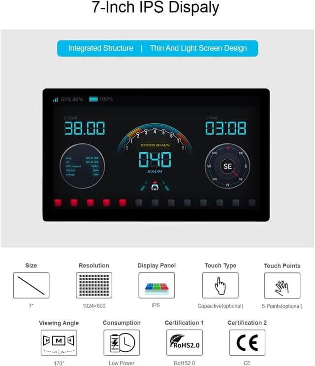 Waveshare 7-tommer HDMI Display Touch LCD 1024 x 600 IPS Skærm Understøtter Alle Versioner af Raspberry Pi Windows-skærm