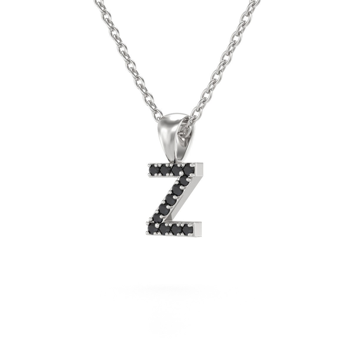 Collier Pendentif ADEN Lettre Z Or 750 Blanc Diamant Noir Chaine Or 750 incluse 0.72grs