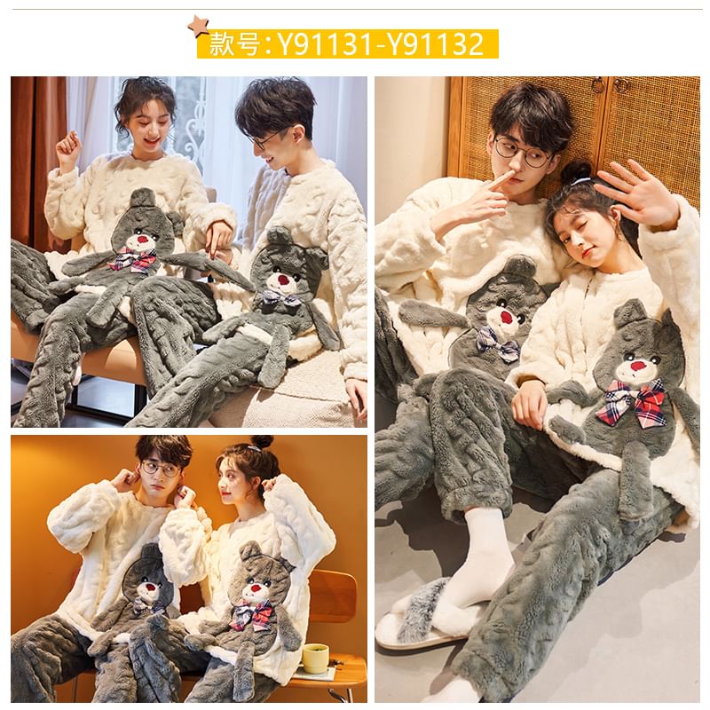 Jeony - Bijpassende pyjamaset voor koppels: sweatshirt met ronde hals en geborduurde beer + effen broek