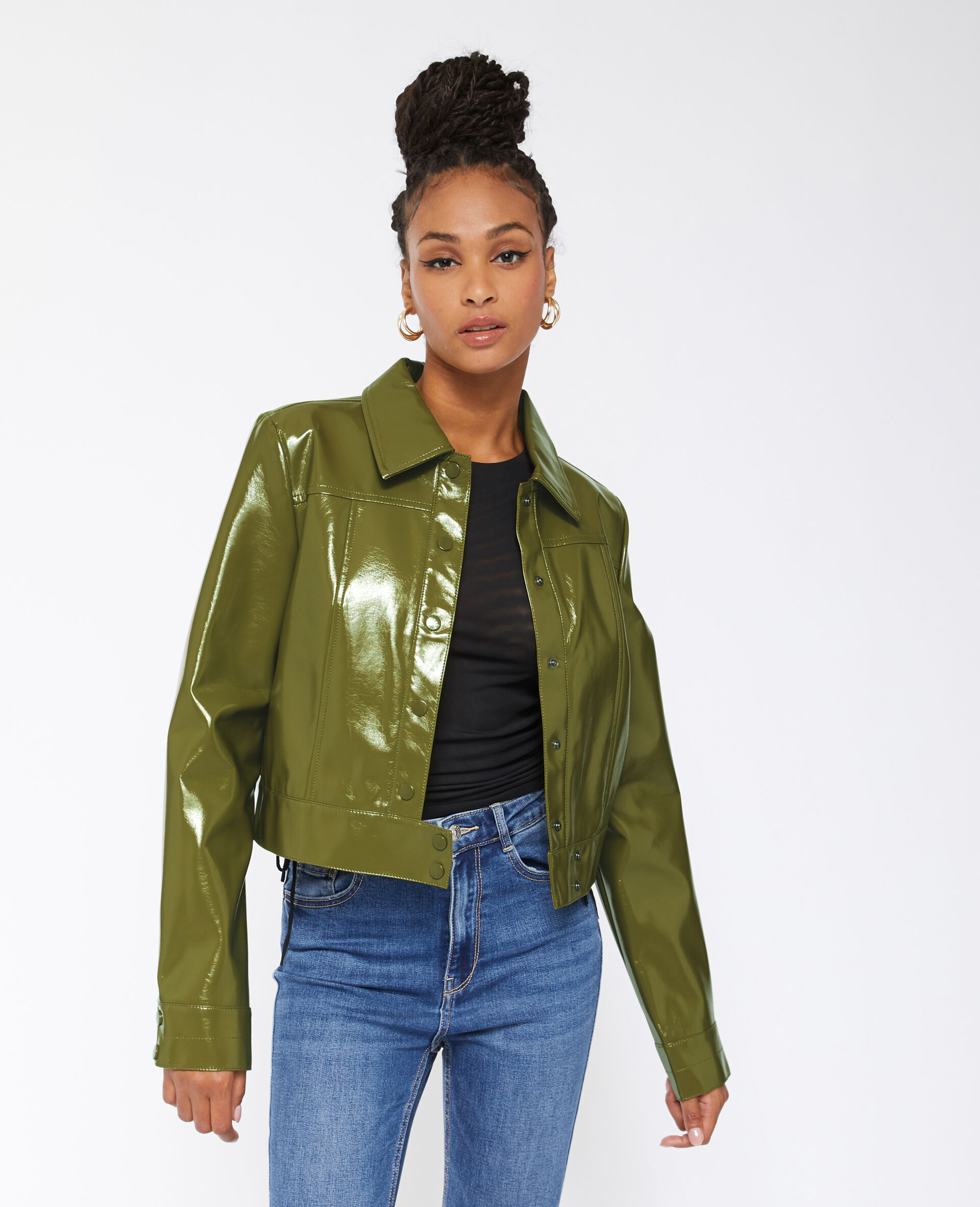 Veste courte et droite en vinyle - Vert olive