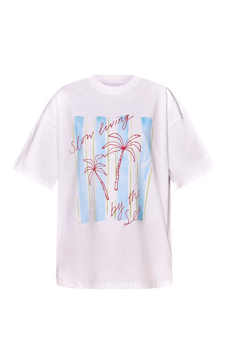Blanc T-shirt Oversize En Coton Épais Avec Motif Palmier