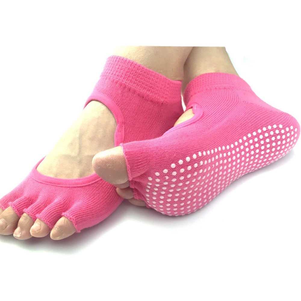 (1 Paar) Anti Rutsch Pilates Yoga Zehfreie Sport Socken Füsslinge (One Size) - Pink