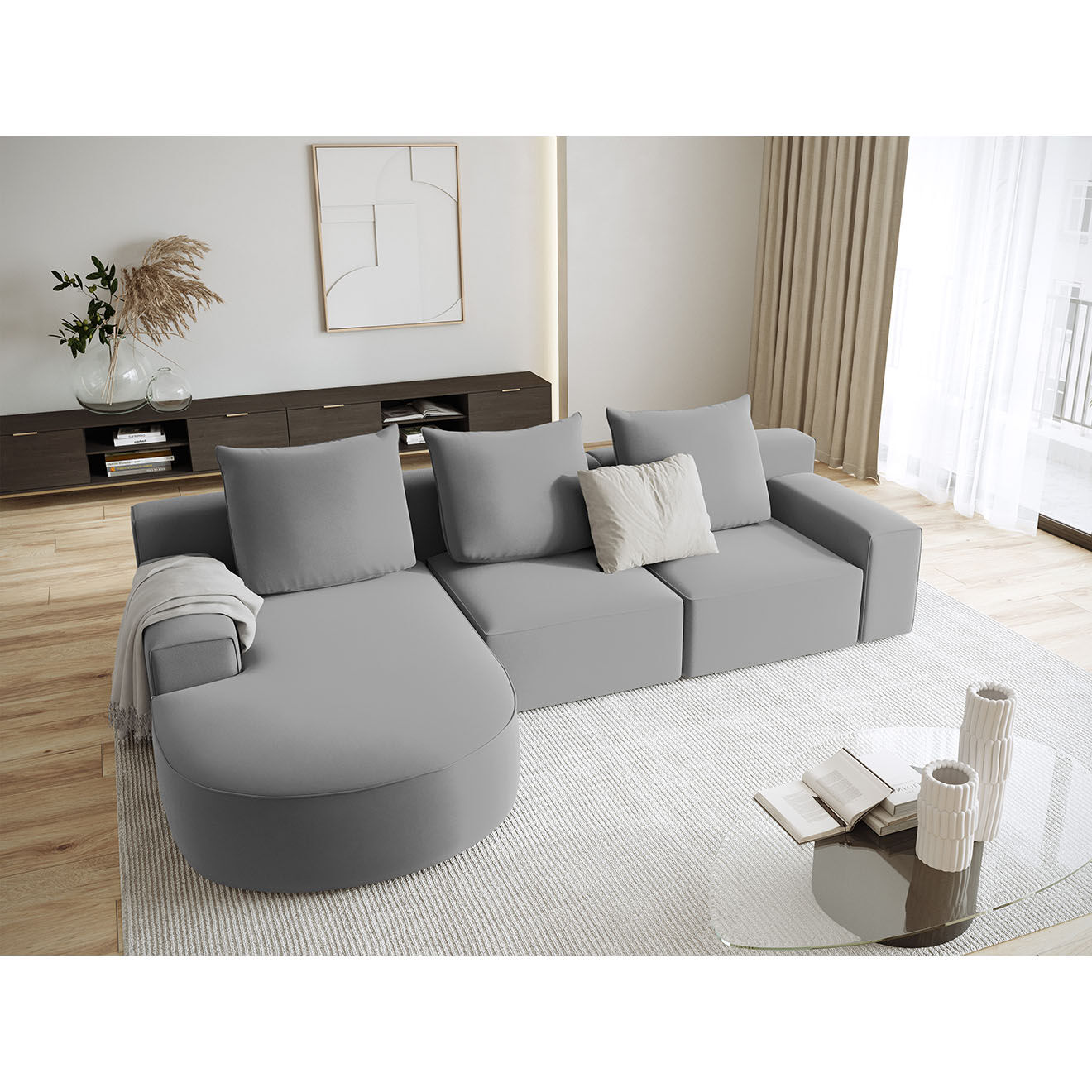 Mazzini Sofas Canapé d'angle gauche arrondi en velours Ivy 5 Places gris clair - 285x180x89 cm