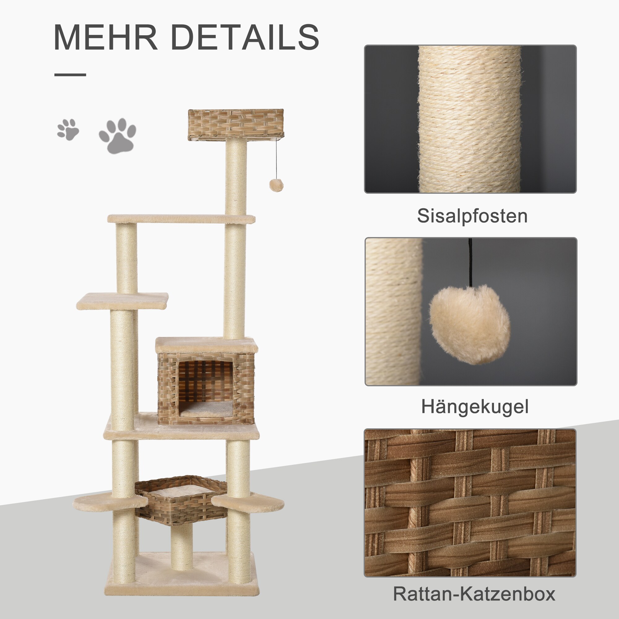 PawHut Kratzbaum mehrstöckig beige, braun 55 x 55 x 174 cm