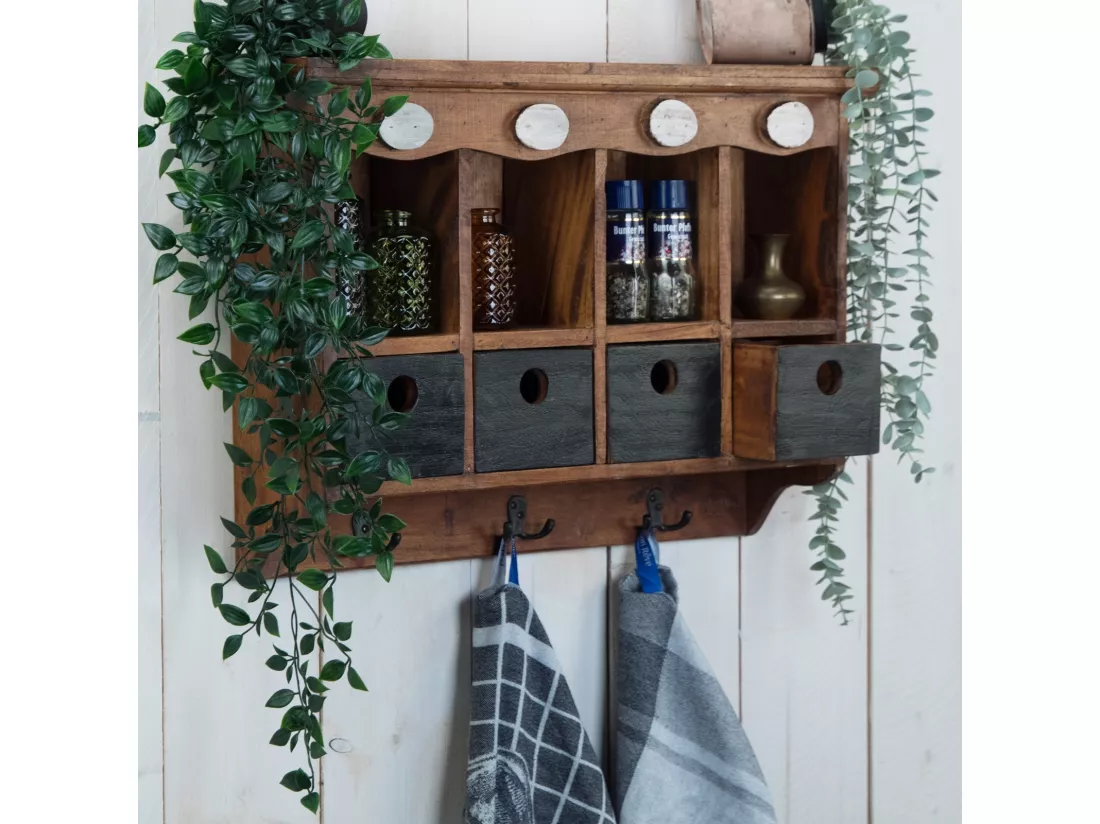 ÉTAGÈRE MURALE Luna Bois de mahogany, avec 4 tiroirs et 3 crochets couleurs naturelles-noir