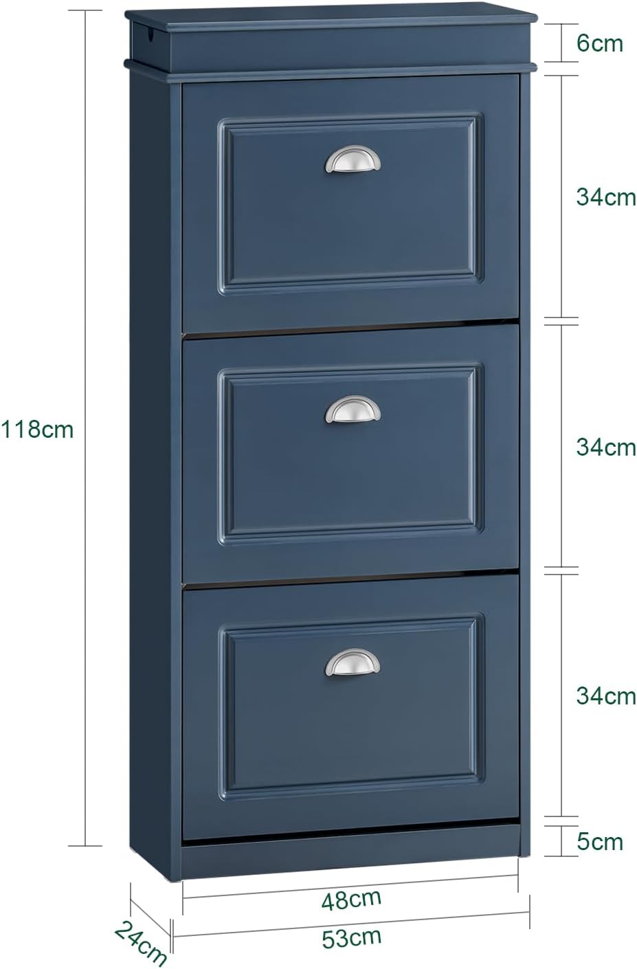SoBuy Schuhschrank mit Schublade und Haken- Schuhregal Schuhkipper Schmal – 3 Klappen für bis zu 12 Paar Schuhe – Ideal für Flur & kleine Räume – MDF(E1), Blau, 53x24x118cm – FSR94-B