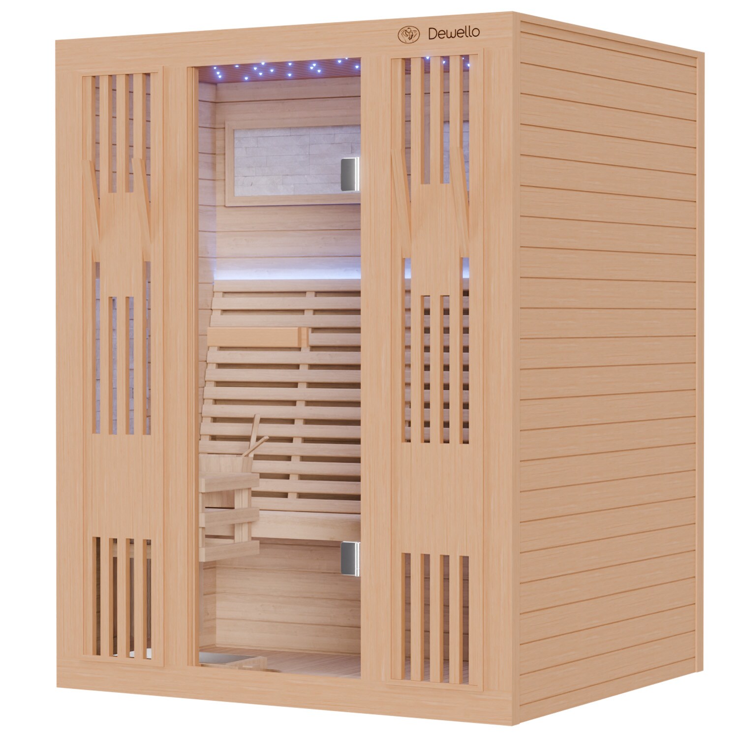 Dewello Finnische Sauna MINTO 150x130 Kabine aus Hemlock Tannenholz mit 4,5 kW Harvia Ofen, inkl Sauna Set