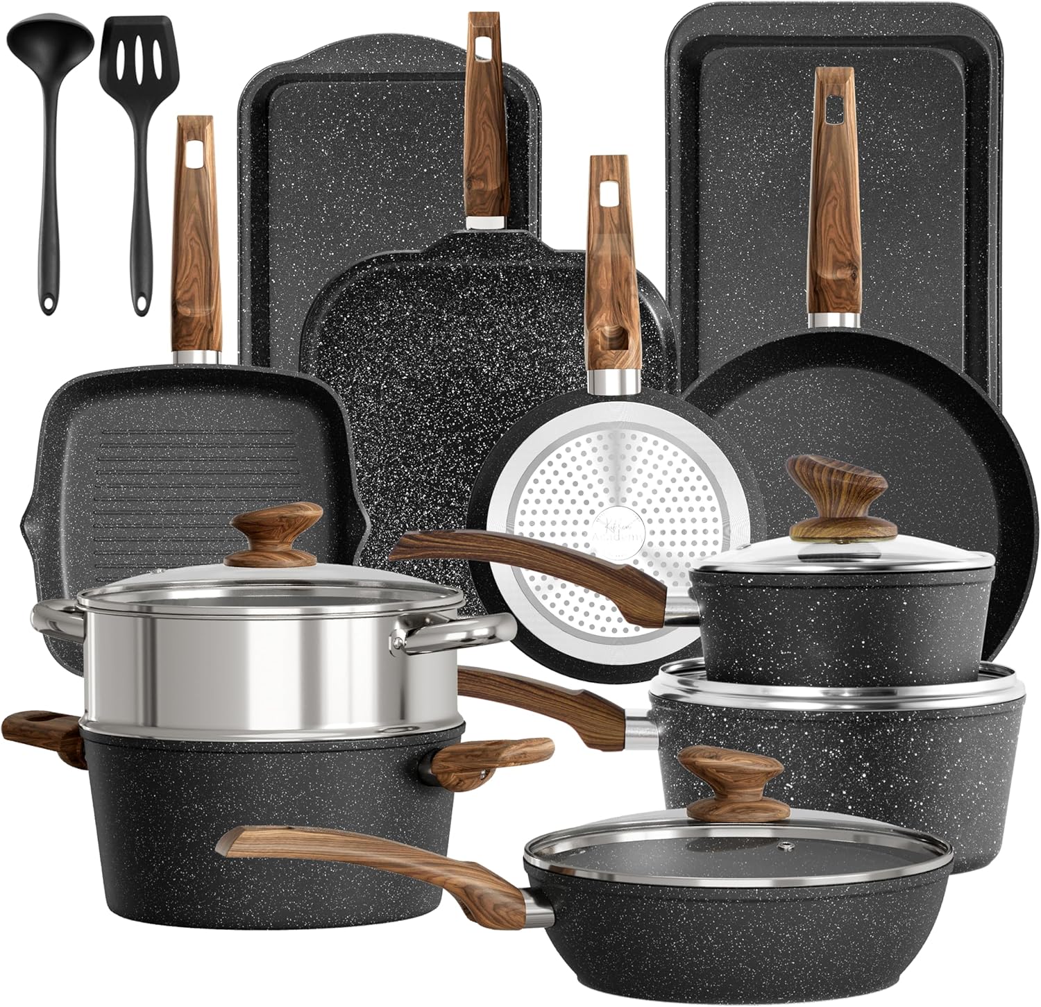 Kitchen Academy Topfset 17-teiliges Induktions-Kochgeschirr-Set mit Glasdeckeln und Granitbeschichtung inkl. Pfannen und Töpfe (Schwarz 17 tlg)