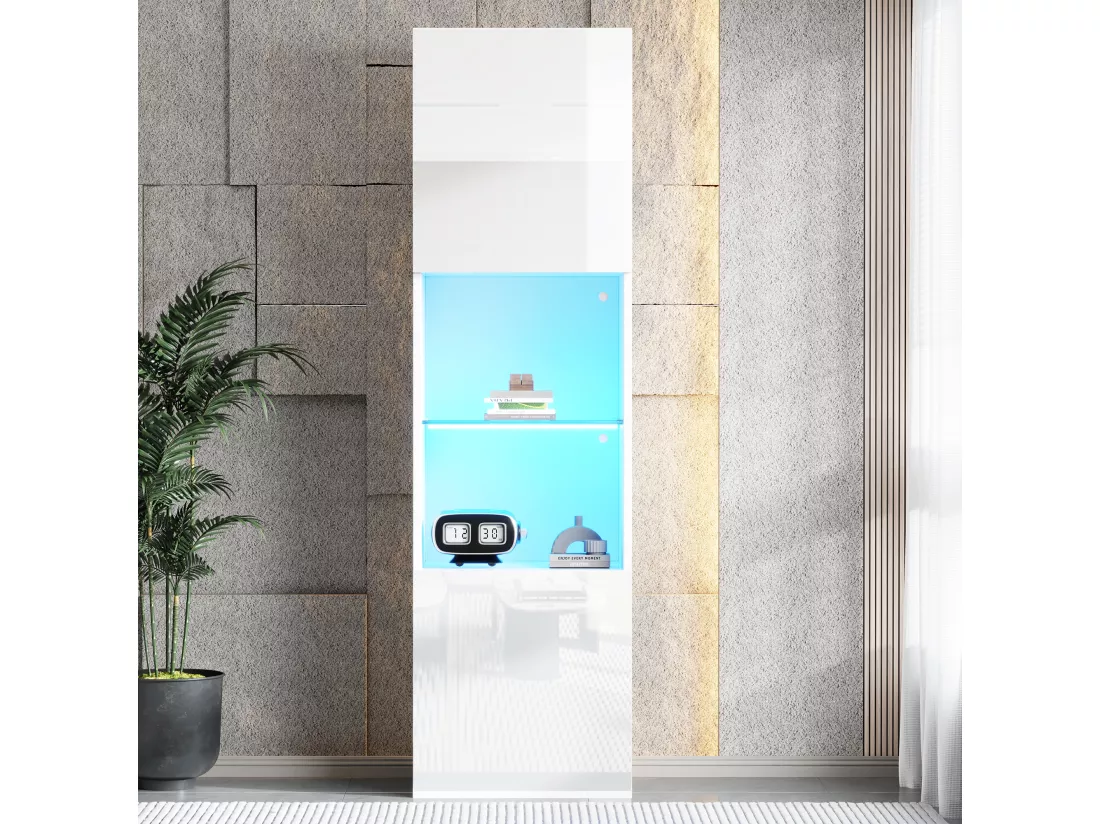 Vitrine avec 2 portes et 1 étagère en verre - 45 x 35 x 160 cm - LEDs - Panneaux de particules - Blanc brillant