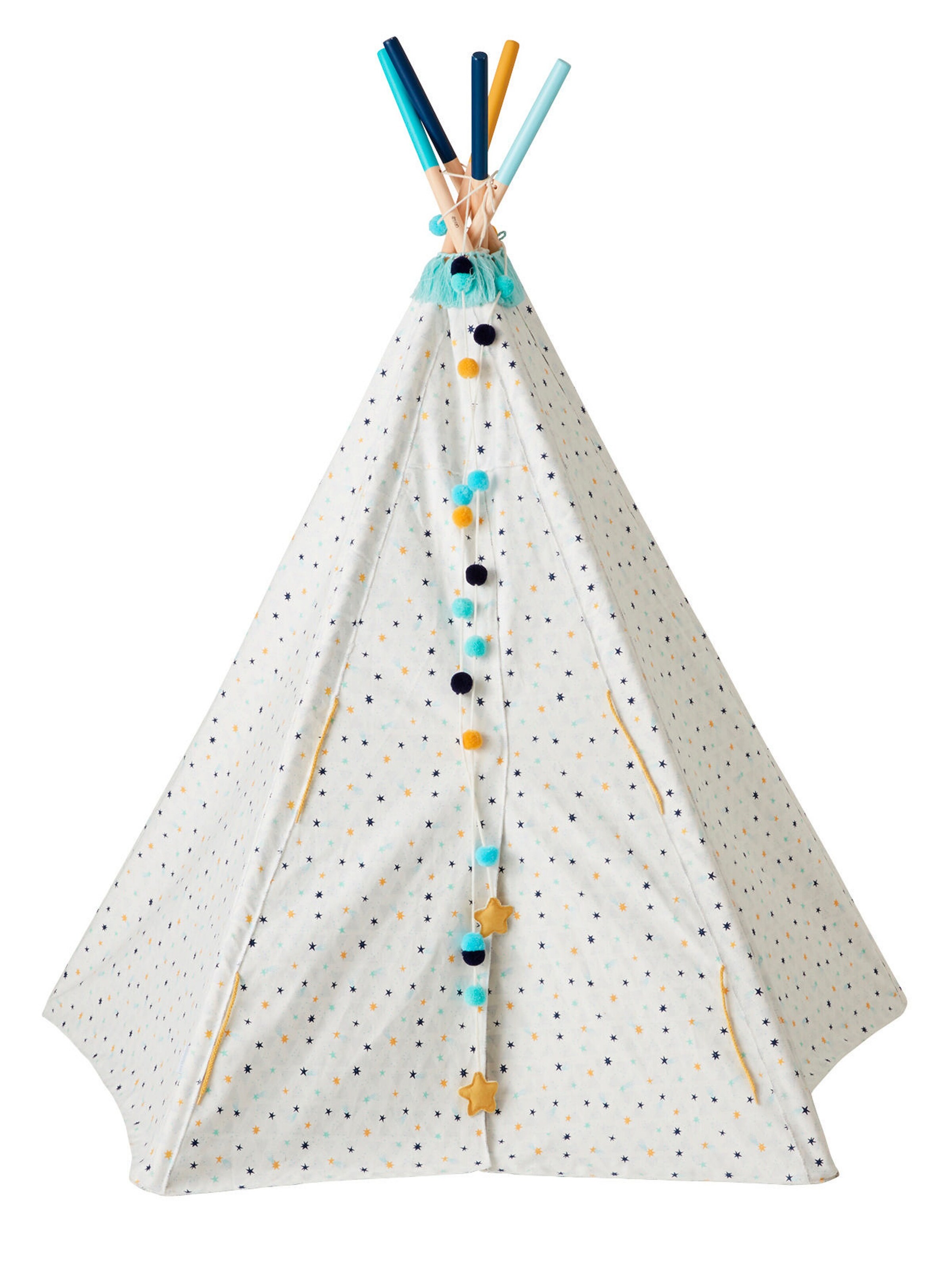 Vertbaudet Kinder Spielzelt SIOUX, wendbares Tipi mit Holzstangen, FSC® weiß/blau bedruckt